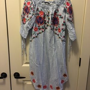 Zara Off Shoulder Blue Floral Embroidered Dress
